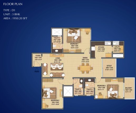 3BHK – 1950 – Sobha Indraprastha