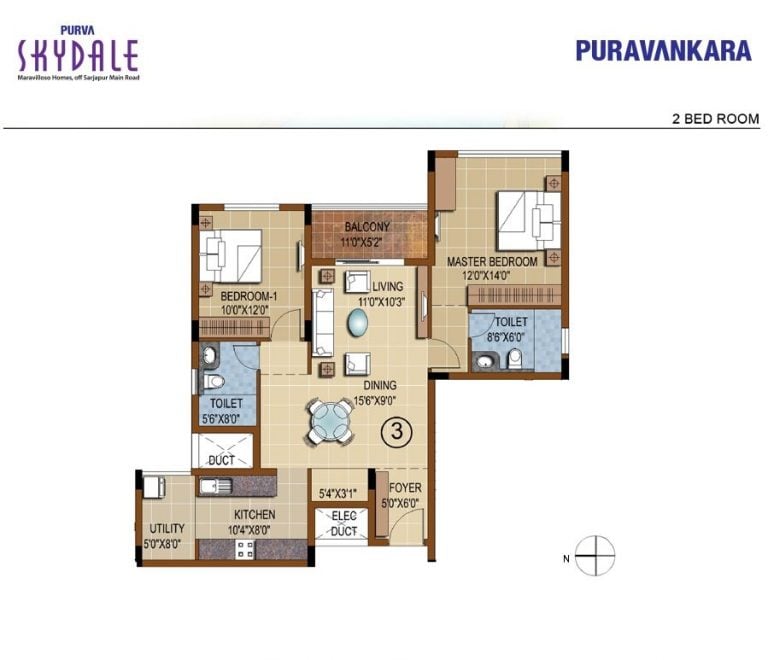 2BHK – 1000X700 – Purva Skydale
