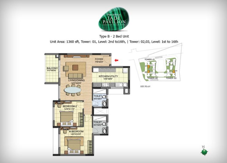 2BHK – 1360 – Prestige Jade Pavilion
