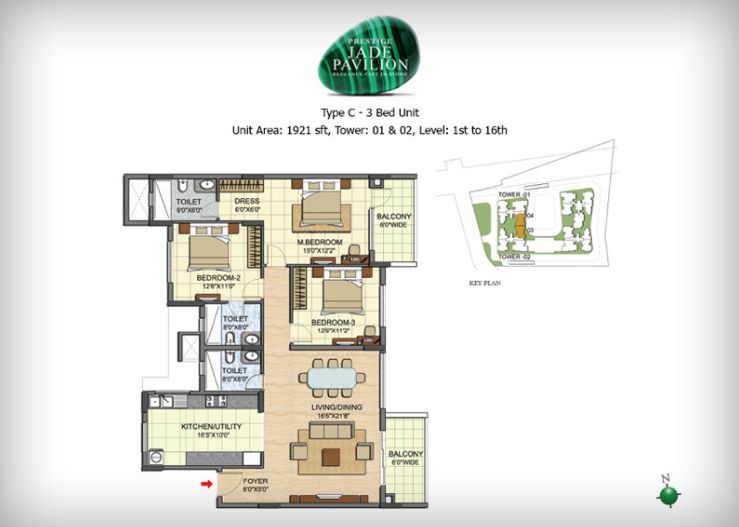 3BHK – 1921 – Prestige Jade Pavilion