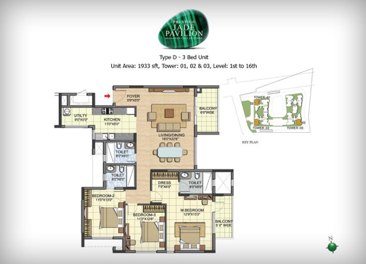 3BHK – 1933 – Prestige Jade Pavilion