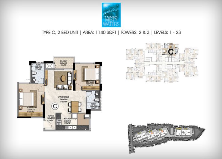 2BHK – 1140 – Prestige Misty Waters
