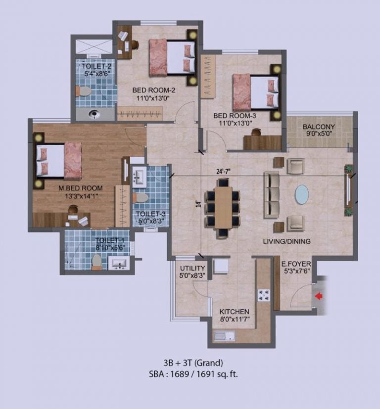 3BHK – 1691 – Purva Westend