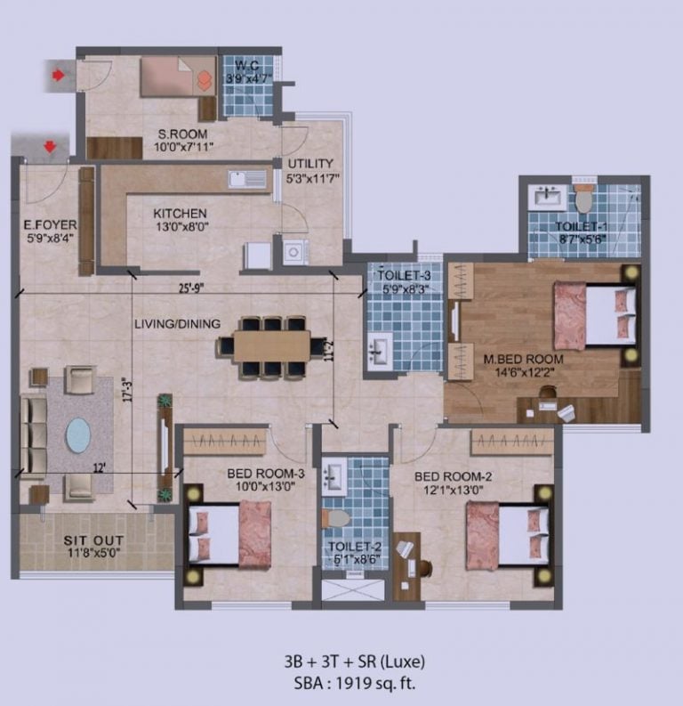 3BHK – 1919 – Purva Westend