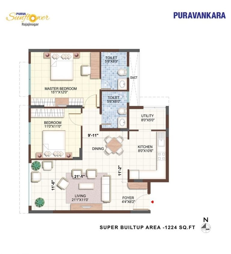 2BHK – 1224 – Purva Sunflower
