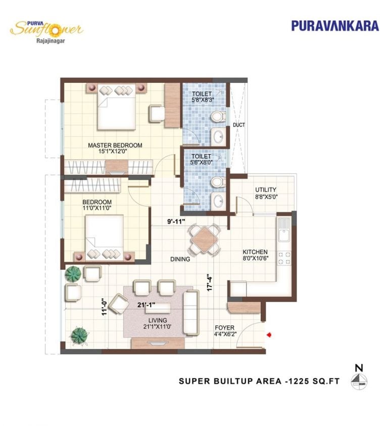 2BHK – 1225 – Purva Sunflower