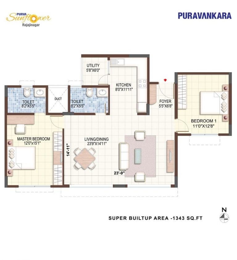 2BHK – 1343 – Purva Sunflower
