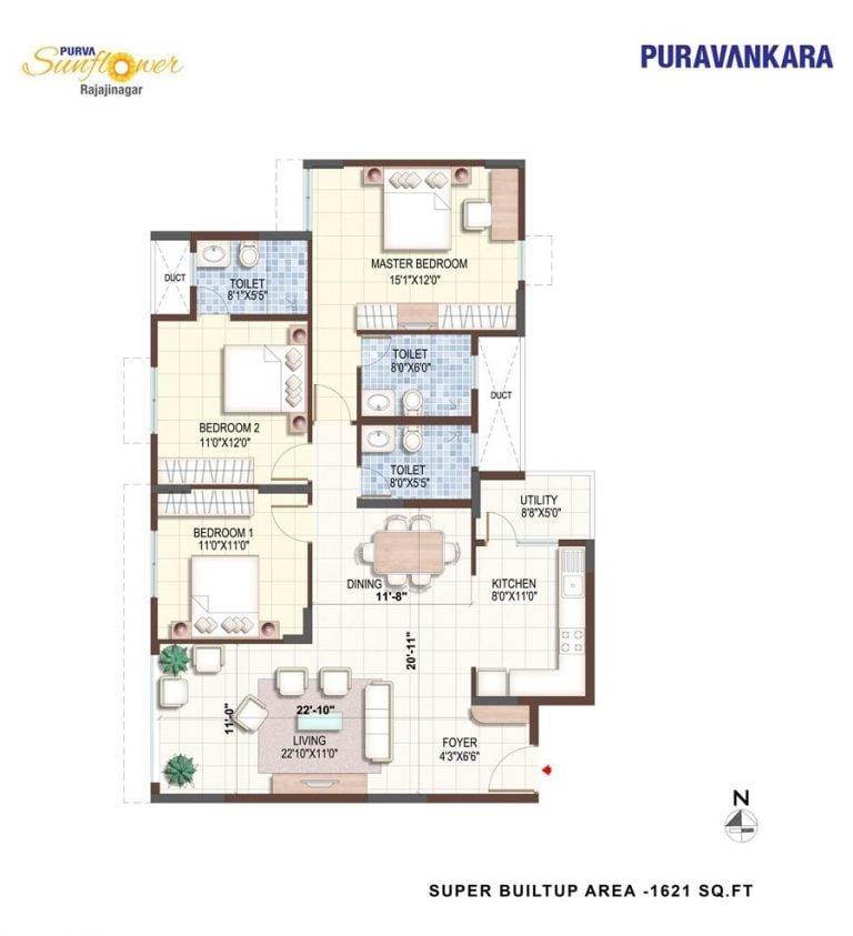 3BHK – 1621 – Purva Sunflower