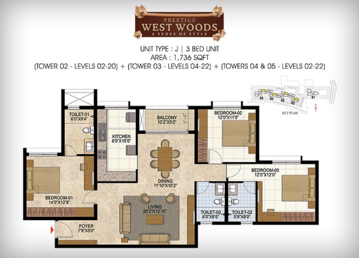 3BHK – 1736 – Prestige Westwoods