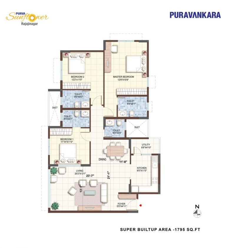3BHK – 1795 – Purva Sunflower