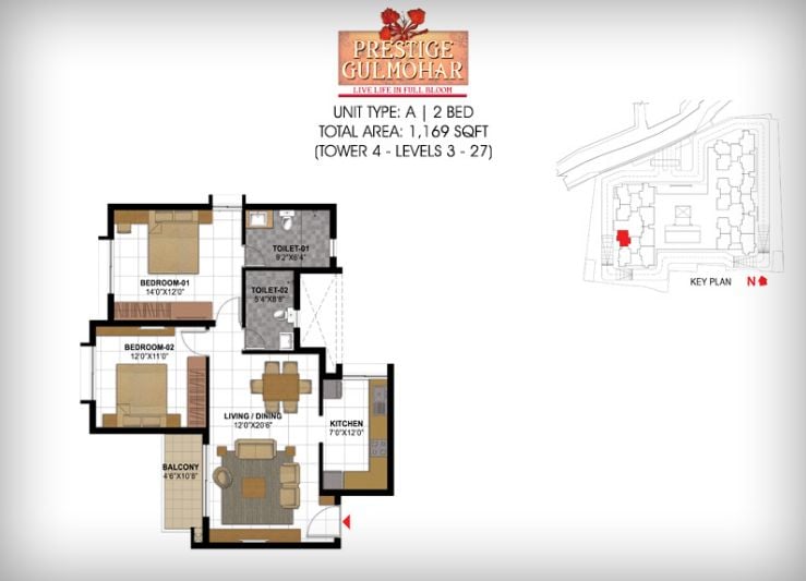 2BHK – 1169 – Prestige Gulmohar