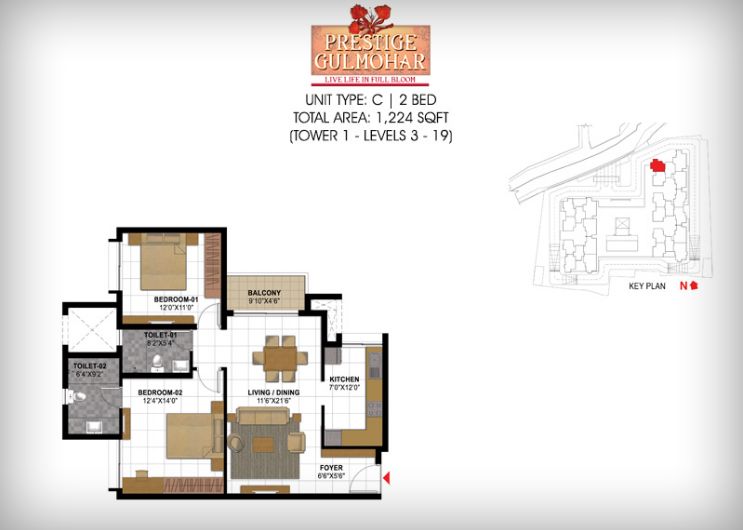 2BHK – 1224 – Prestige Gulmohar