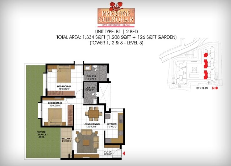 2BHK – 1334 – Prestige Gulmohar