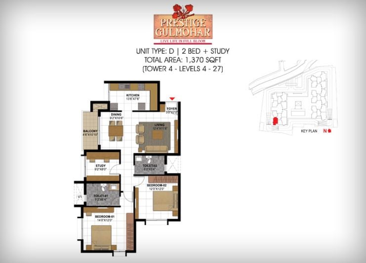 2BHK – 1370 – Prestige Gulmohar