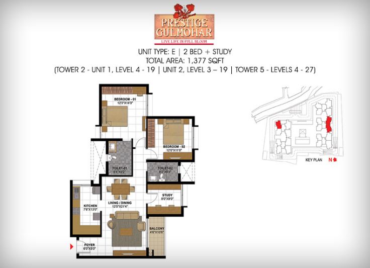 2BHK – 1377 – Prestige Gulmohar