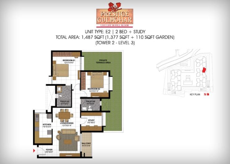 2BHK – 1487 – Prestige Gulmohar