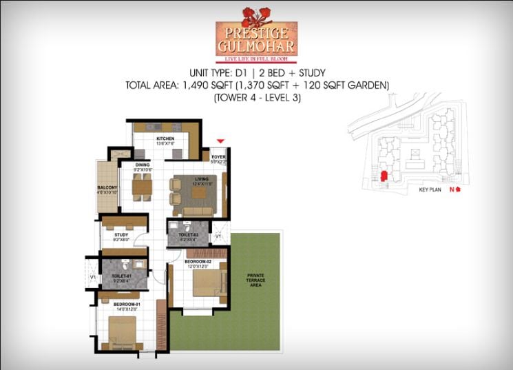 2BHK – 1490 – Prestige Gulmohar