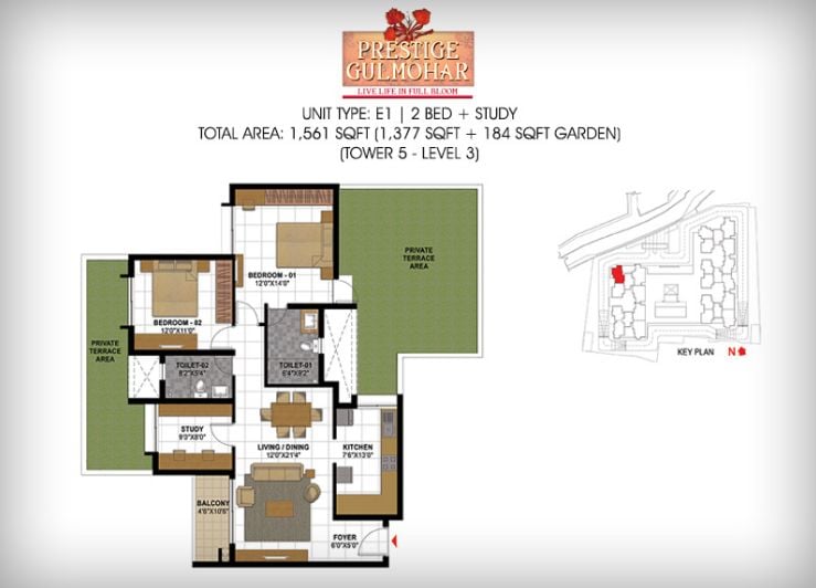 2BHK – 1561 – Prestige Gulmohar