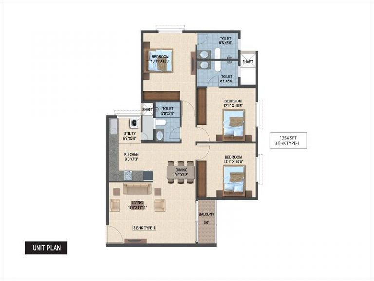 3BHK 1354 Salarpuria Sattva Laurel Heights
