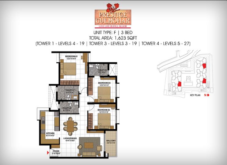 3BHK – 1623 – Prestige Gulmohar