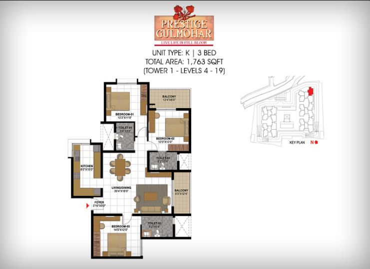 3BHK – 1763 – Prestige Gulmohar