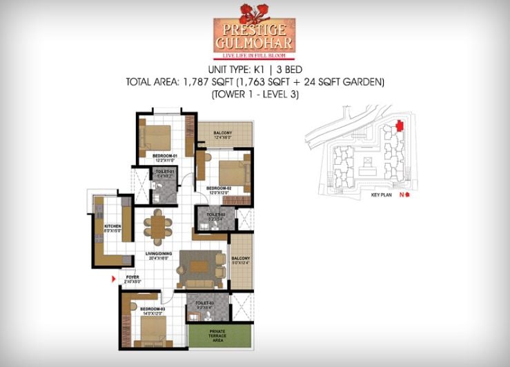 3BHK – 1787 – Prestige Gulmohar