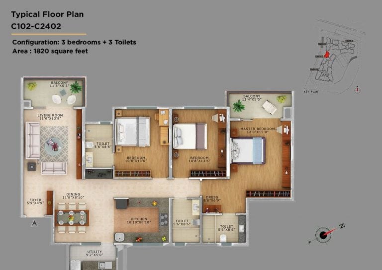 3BHK – 1820 – Vaswani Exquisite