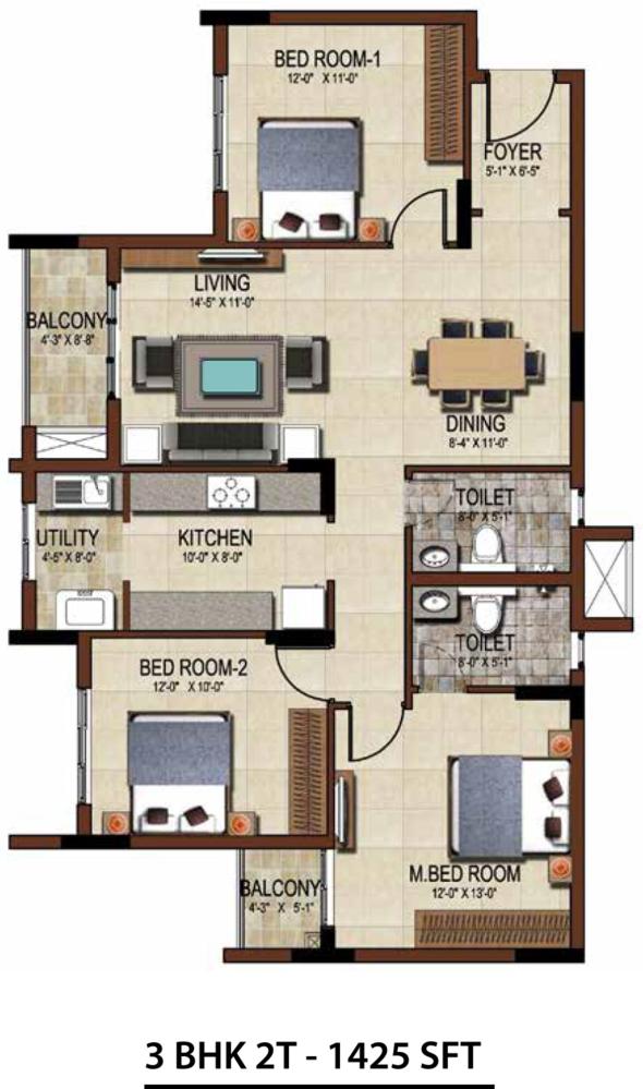 3BHK - 1425 Salarpuria Sattva East Crest