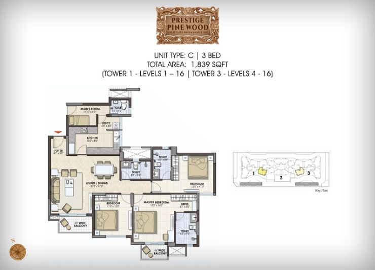 3BHK – 1839 – Prestige Pine Wood