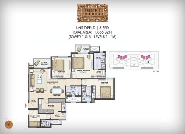 3BHK – 1866 – Prestige Pine Wood