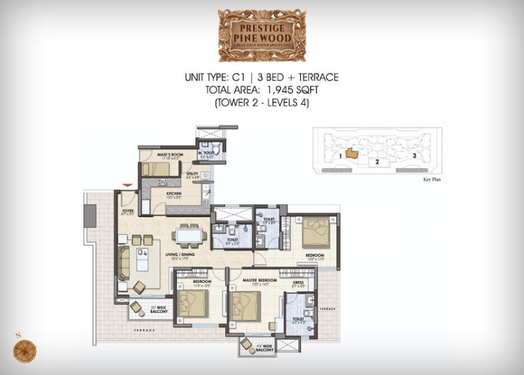 3BHK – 1945 – Prestige Pine Wood