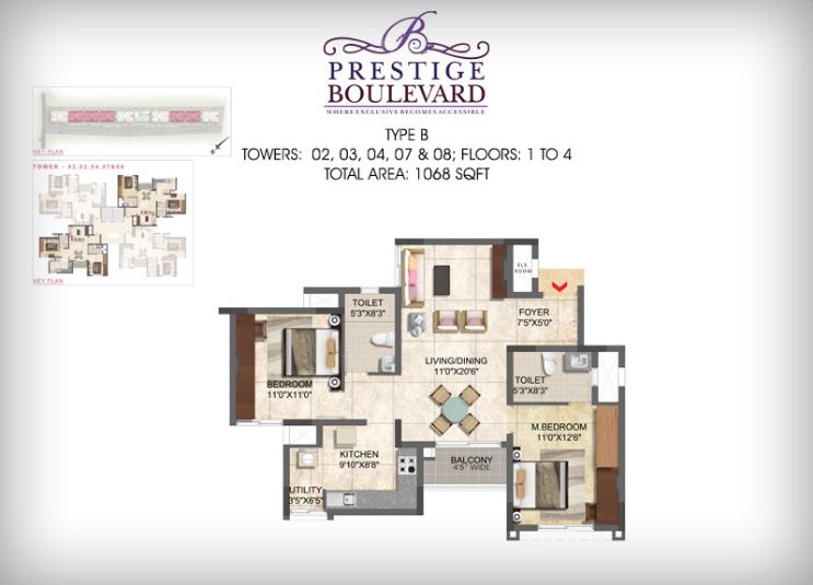2BHK – 1068 – Prestige Boulevard