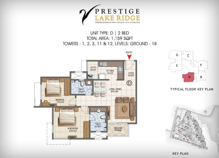 2BHK – 1159 – Prestige Lake Ridge