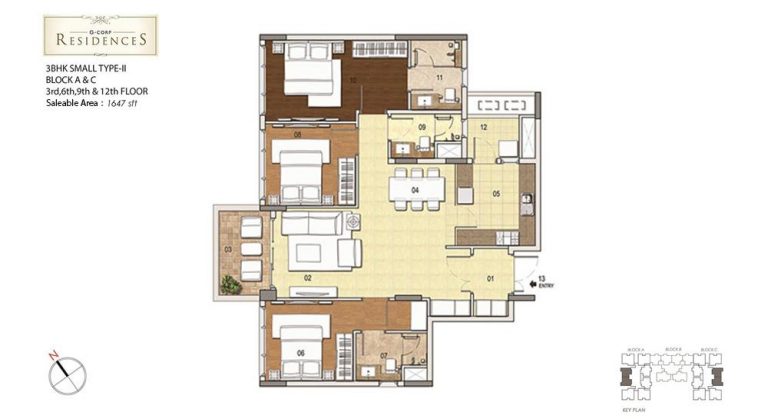 3 BHK – 1647 – Gcorp Residences