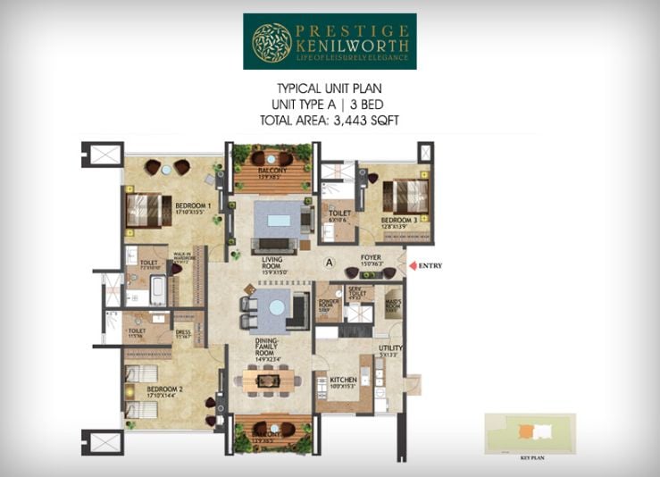 3BHK – 3443 – Prestige Kenilworth