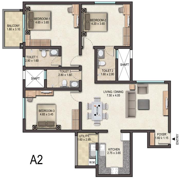 3BHK – A2 – Sobha Avenue