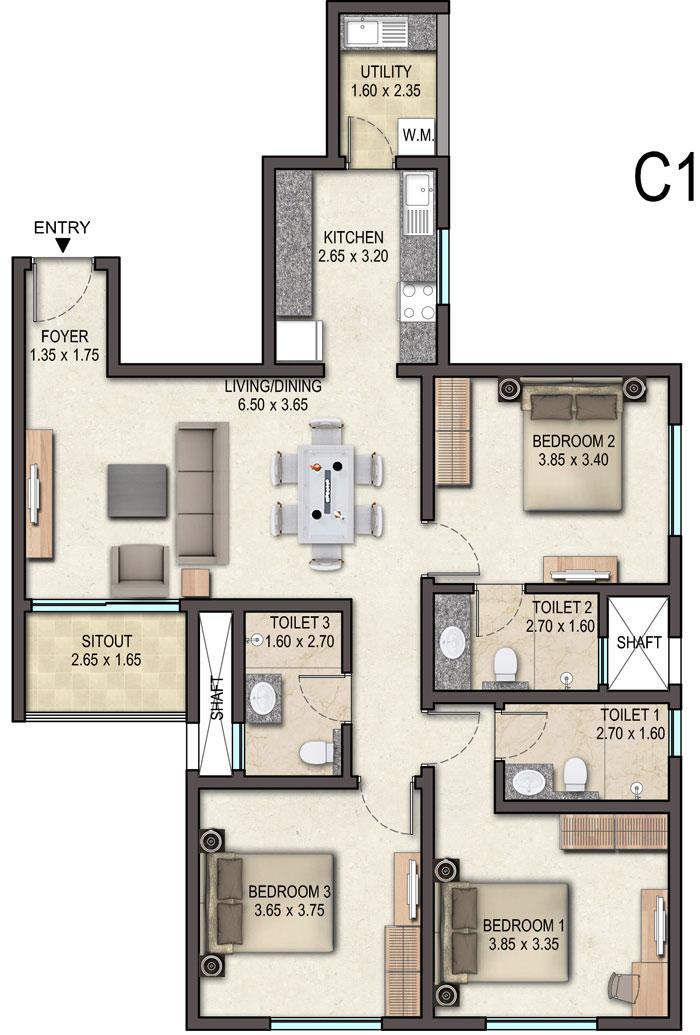 3BHK – C1 – Sobha Avenue