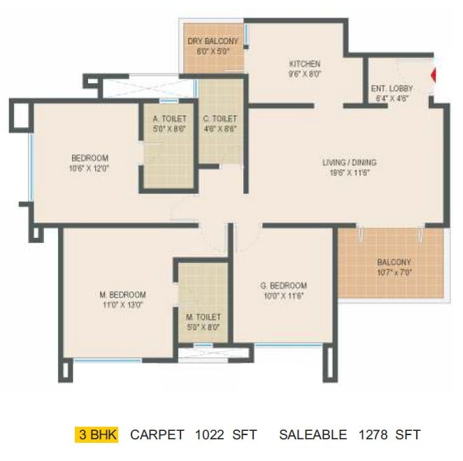 3 BHK – 1278 – Pride Springfields