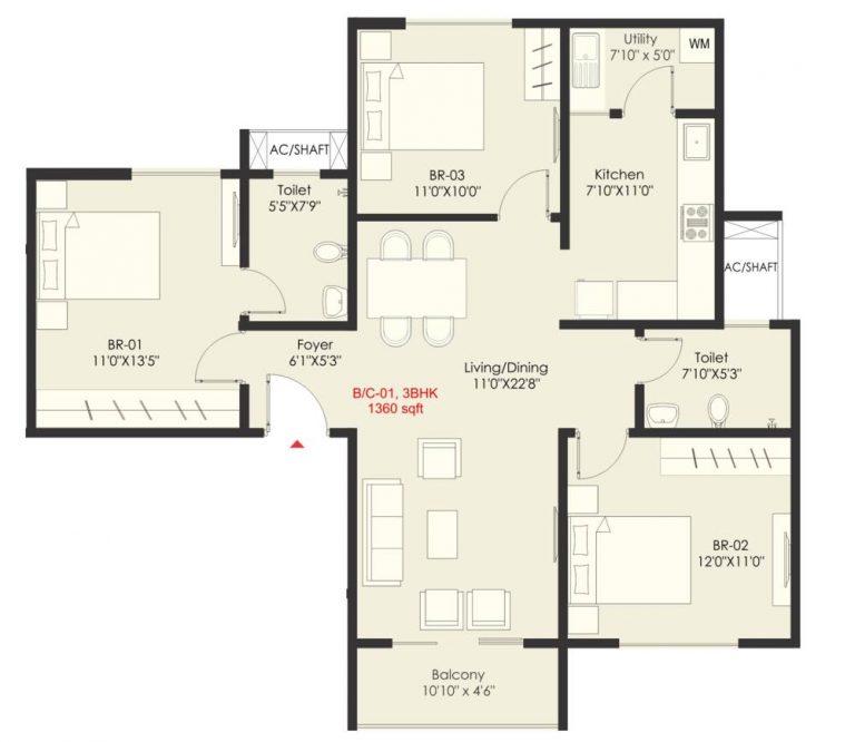 3 BHK – 1360 – SNN Raj Grandeur