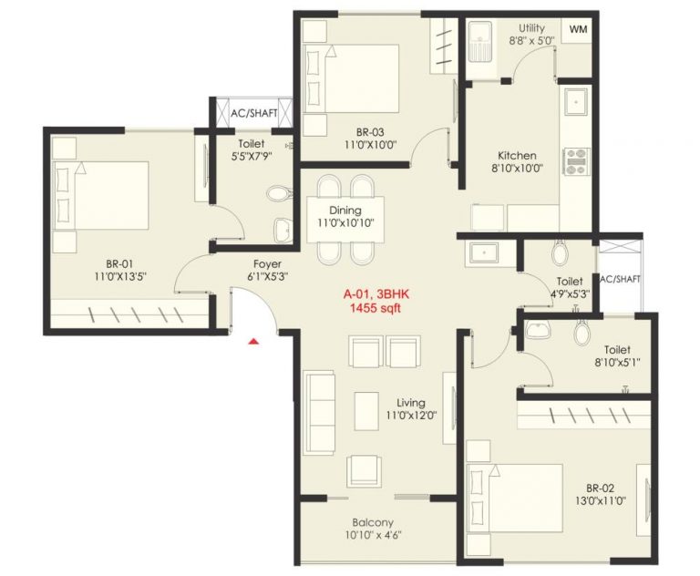 3 BHK – 1455 – SNN Raj Grandeur