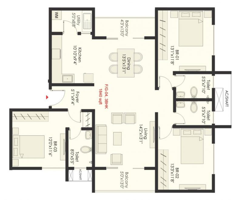 3 BHK – 1840 – SNN Raj Grandeur