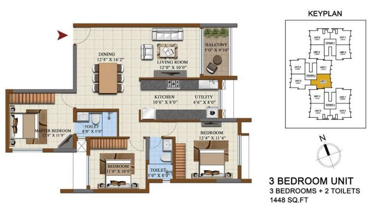3 BHK + 2T – 1448 – Salarpuria Opus