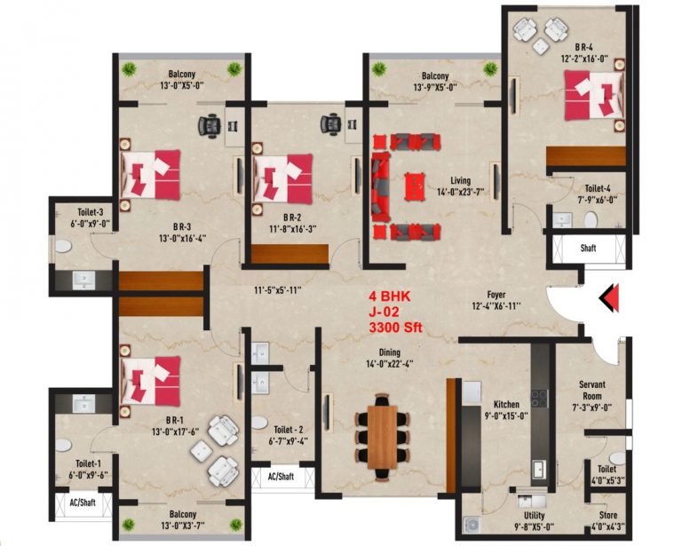 4 BHK – 3300 – SNN Raj Spiritua