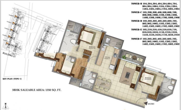 3 BHK – 1350 – Shriram Greenfield