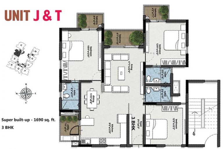 3 BHK – 1690 – Type T – RBD Stillwaters Apartments