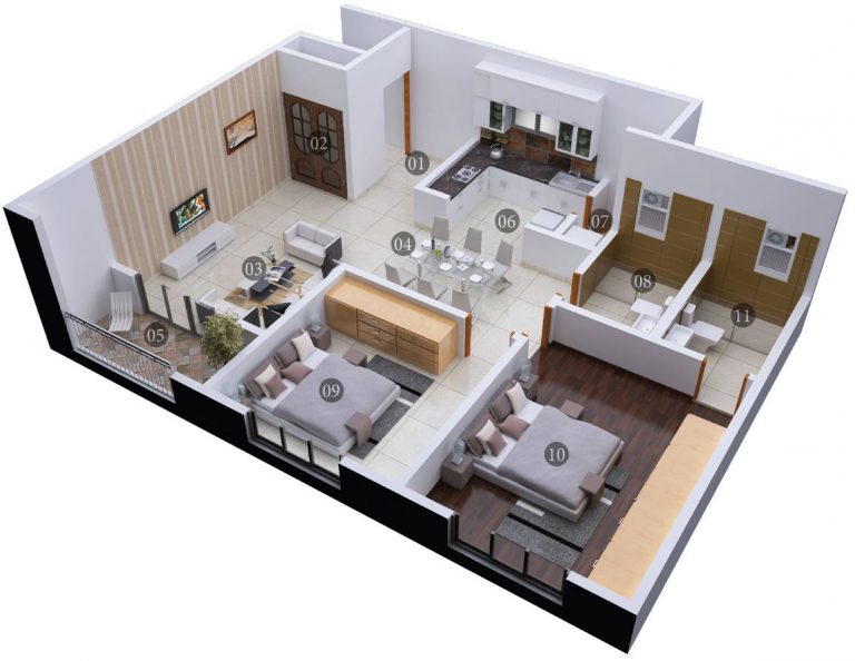 2 BHK 3D – 1200 – Shriram Chirping Woods