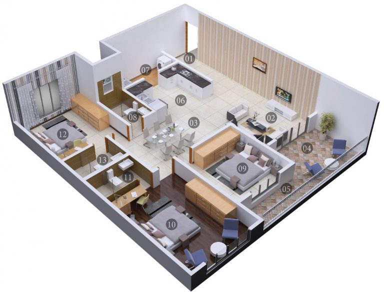3 BHK 3D – 1760 – Shriram Chirping Woods