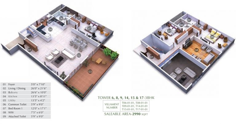4 BHK – 2990 A – Shriram Chirping Woods Villaments