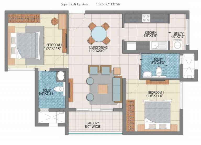 2 BHK – 1132 – Prestige Fontaine Bleau