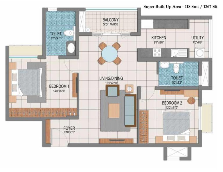 2 BHK – 1267 – Prestige Dolce Vita